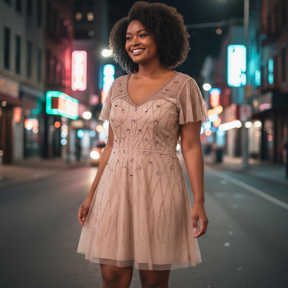 Papell Boutique Taupe Embellished Dress